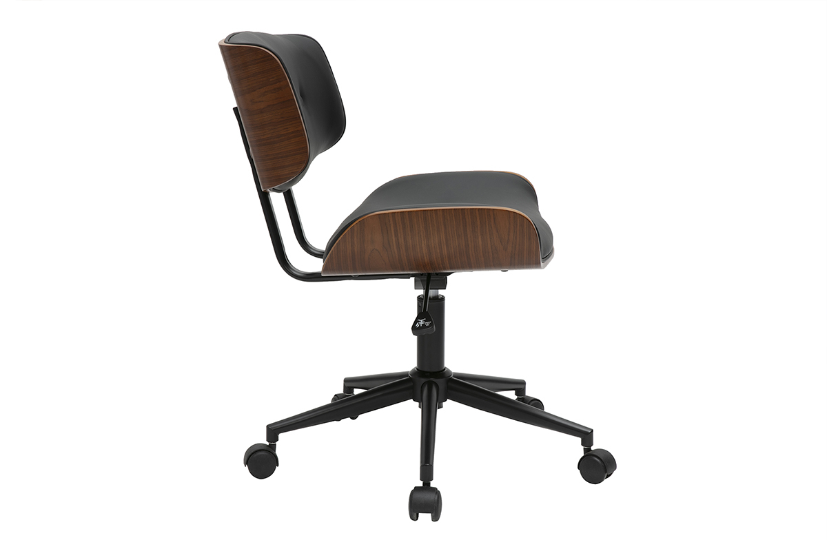 Chaise de bureau noire en placage noyer et polyur�thane avec roulettes, mod�le BASILE de profil.