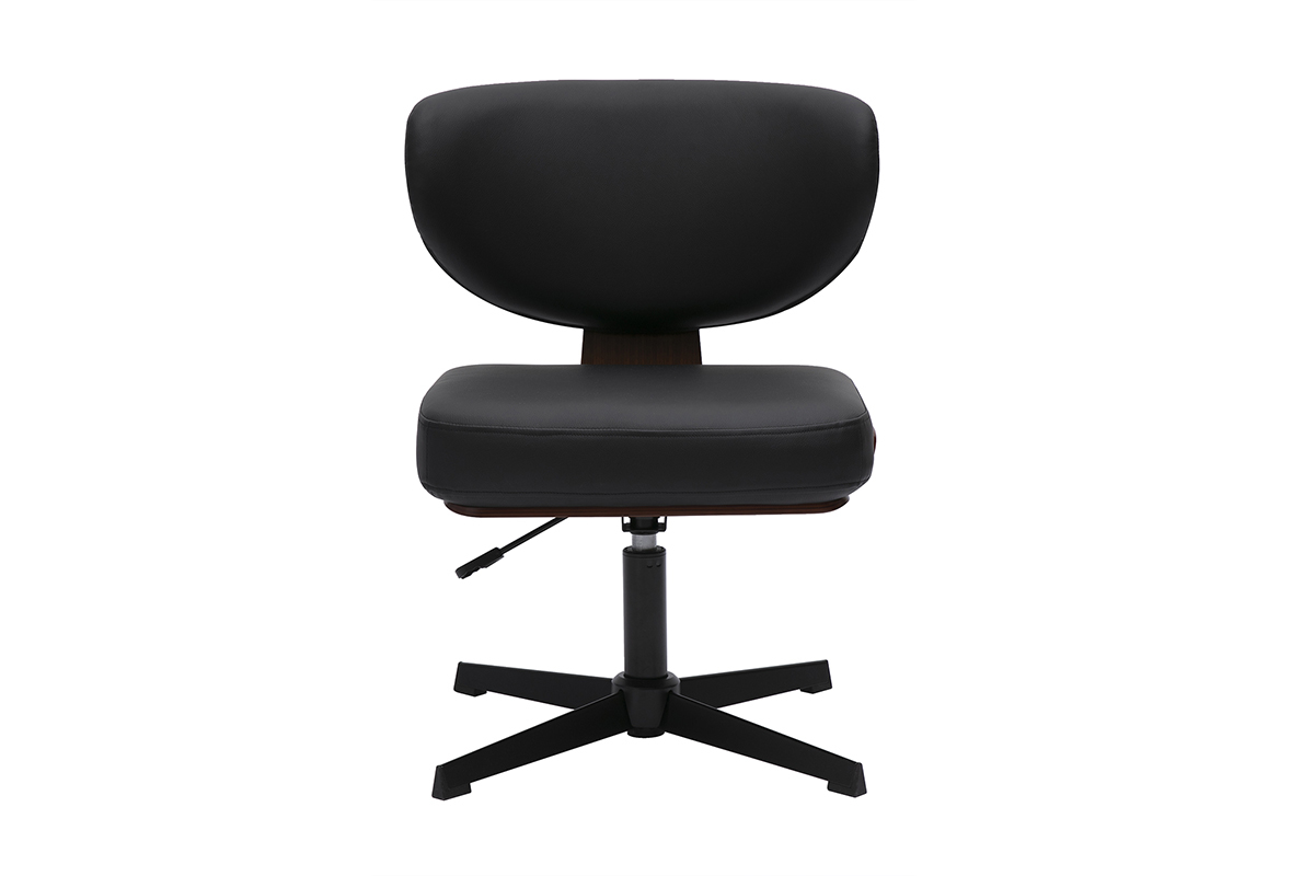Chaise de bureau HANZ noire, vue de face, bois courb� finition noyer, pi�tement �toile en m�tal noir.