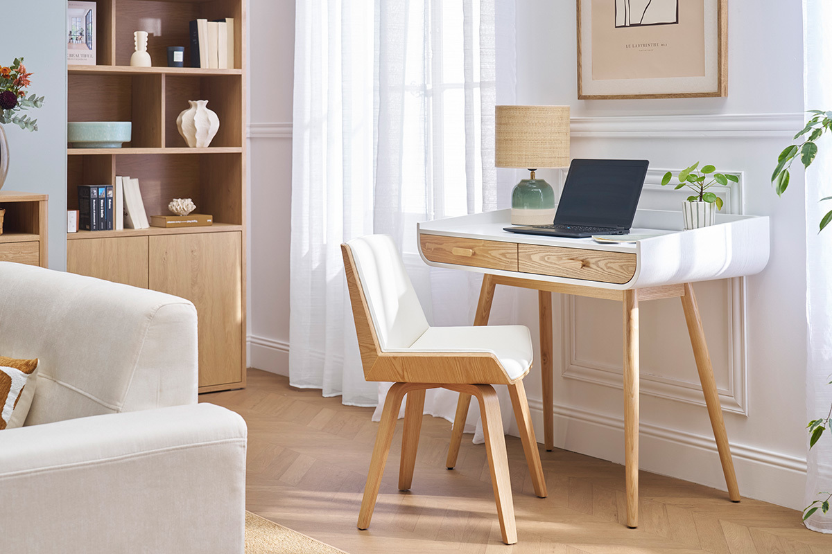 Chaise design blanc et bois clair MELKIOR