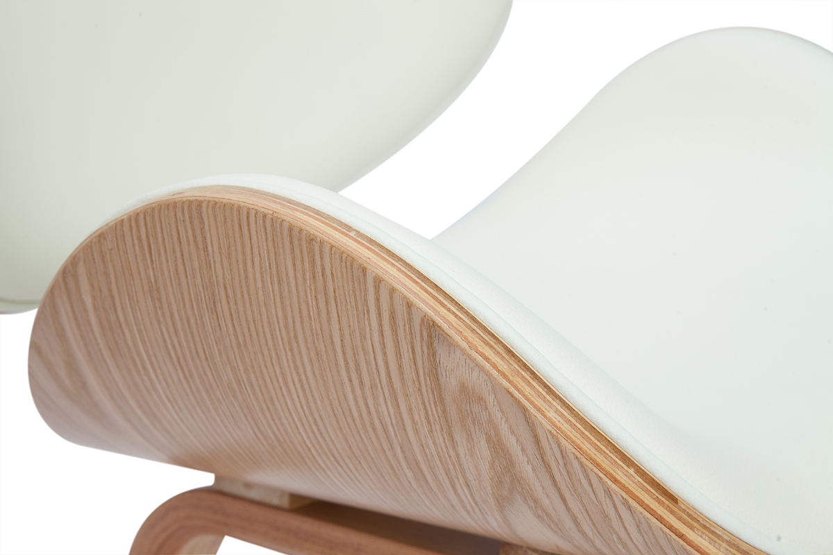 D�tail chaise design blanc et bois clair, vue lat�rale.