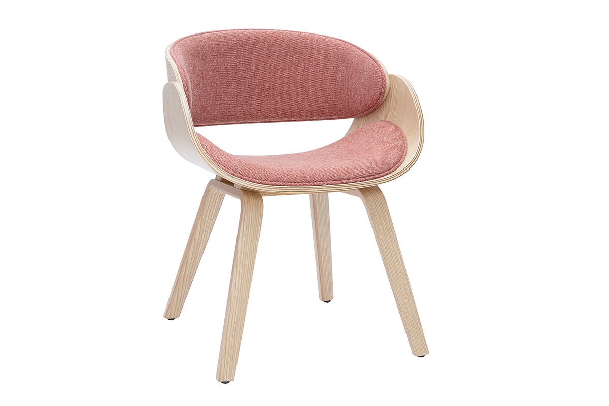 Chaise design de 3/4 en tissu effet velours terracotta et bois clair, mod�le BENT, style scandinave r�tro.