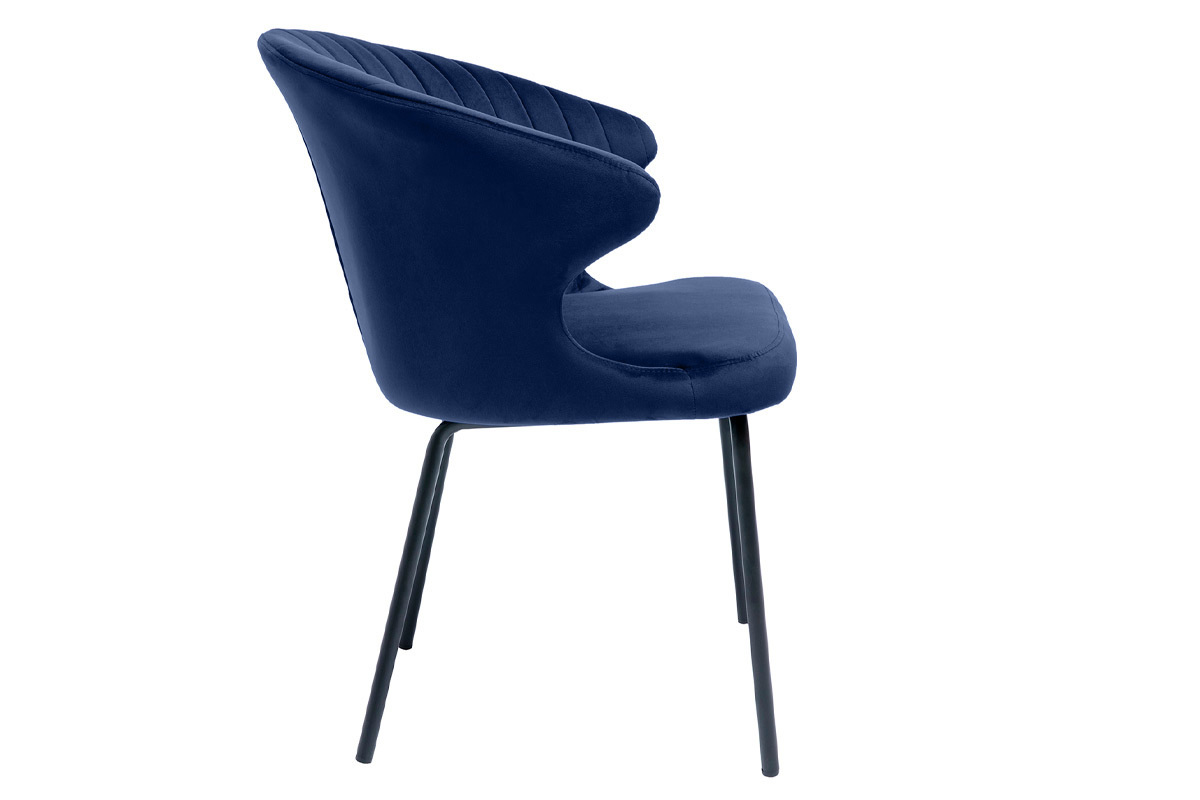 Chaise en velours bleu fonc� avec structure en m�tal noir, vue de profil.
