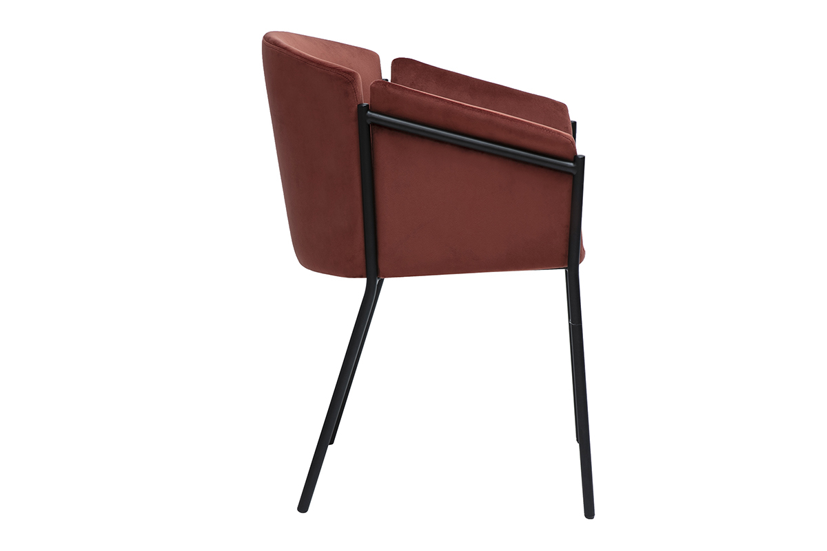 Chaise design en tissu velours rouge tomette et m�tal noir BRIANE.