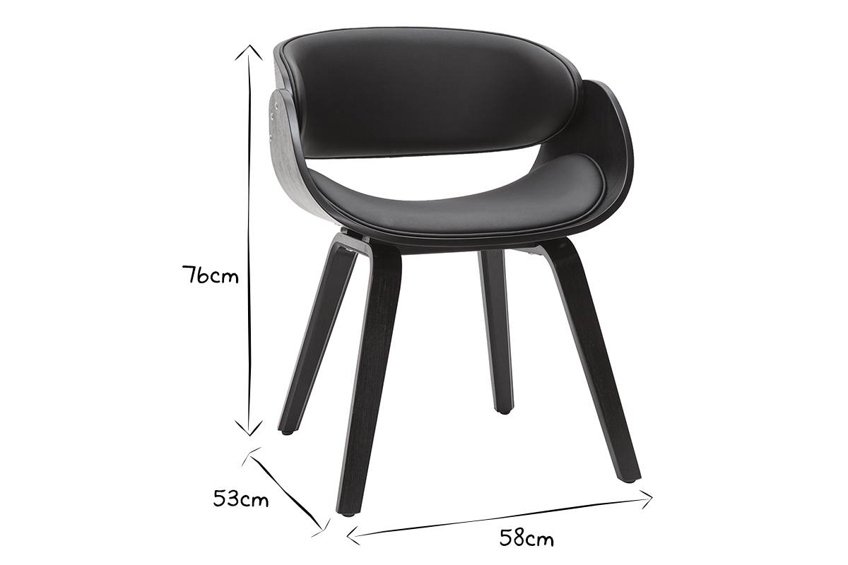 Chaise BENT noire en angle 3/4, dimensions 76x58x53 cm, noir et blanc.