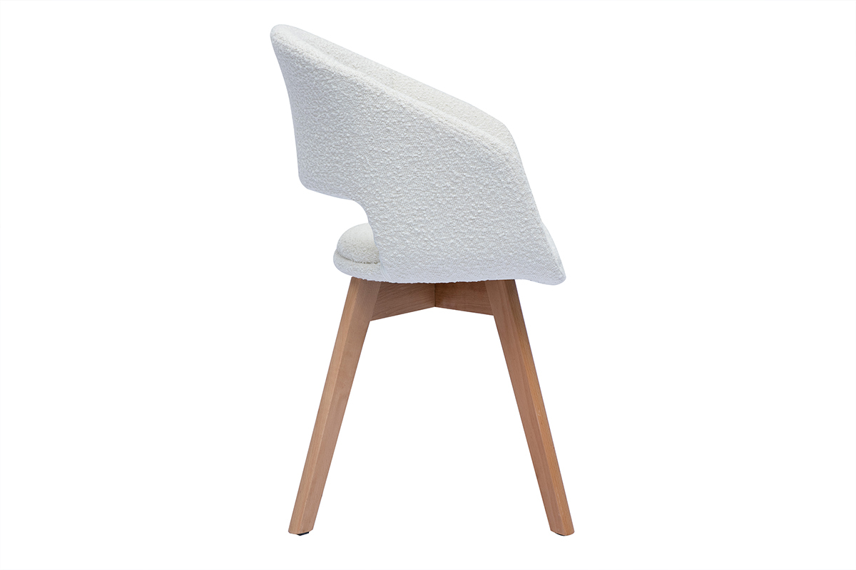 Chaise scandinave en tissu effet laine boucl�e blanc et bois clair massif PRISMA