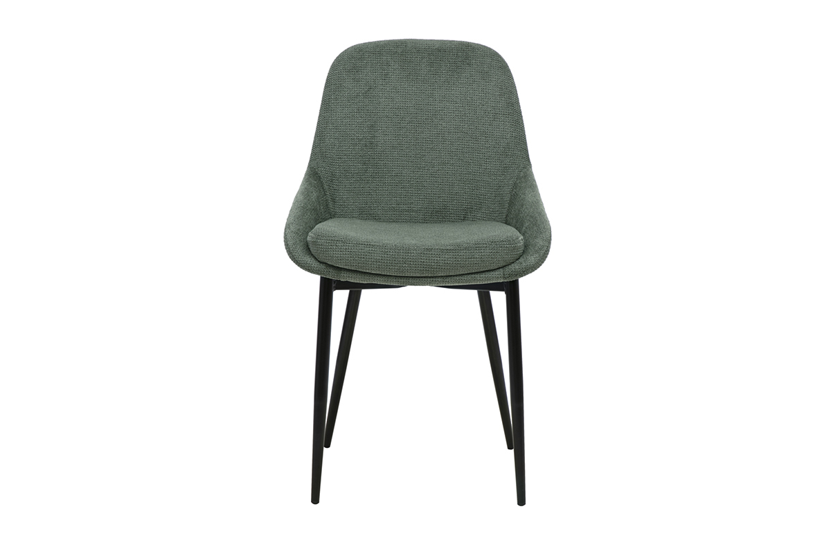 Chaise design en tissu chenille vert kaki avec pi�tement en m�tal noir, vue de face