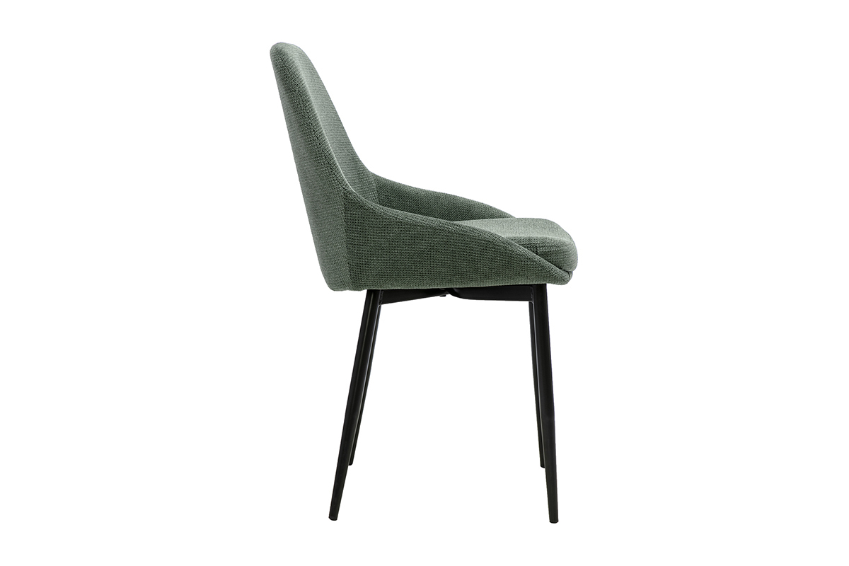 Chaise design en tissu chenille vert kaki avec pi�tement en m�tal noir, vue de profil.