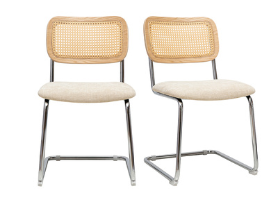 Chaises design en tissu effet velours textur&eacute; beige, m&eacute;tal chrom&eacute; et cannage rotin (lot de 2) ELECTRA