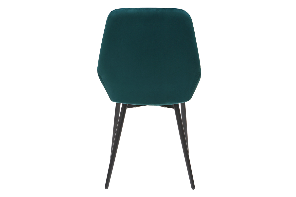 Chaise en velours bleu p�trole avec pieds en m�tal noir, vue de dos.