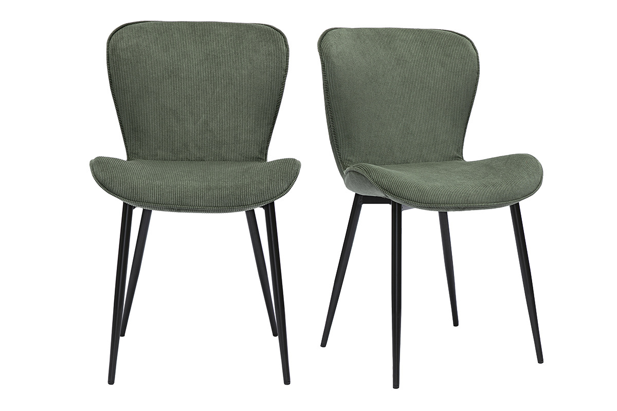 Chaises design en tissu velours c�tel� vert kaki et m�tal noir (lot de 2) ADDICT