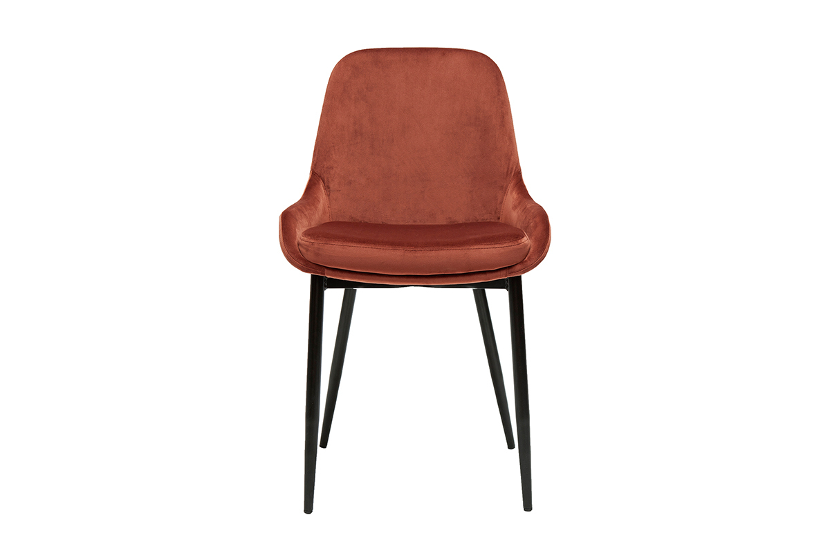 Chaise en velours rouge tomette et m�tal noir, vue de face.