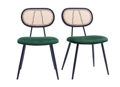 Chaises design en tissu velours vert fonc&eacute;, m&eacute;tal noir et cannage rotin (lot de 2) SWANN