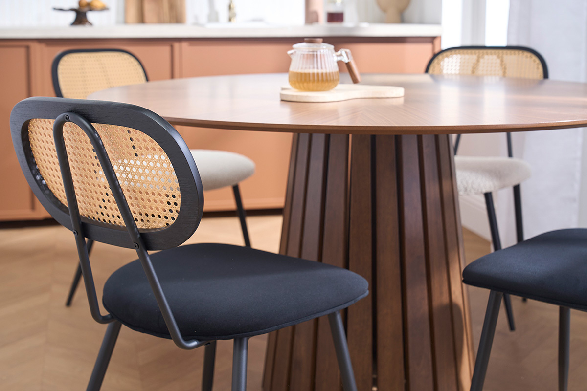 Chaises design noires en tissu velours, m�tal et cannage rotin (lot de 2) SWANN