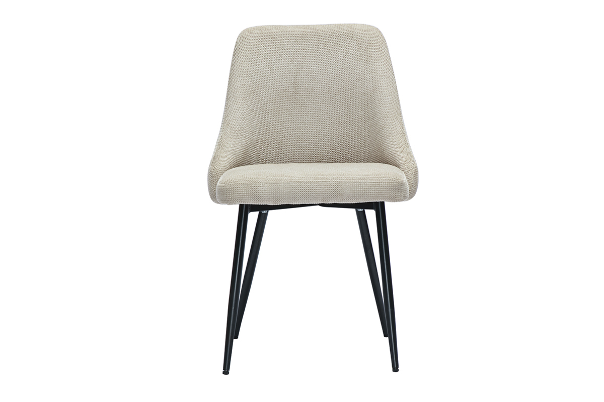 Chaise en tissu chenille beige avec pieds en m�tal noir, vue de face.