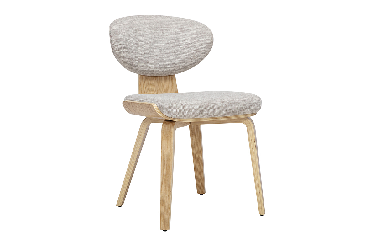 Chaise en tissu beige effet velours et bois clair, vue de 3/4