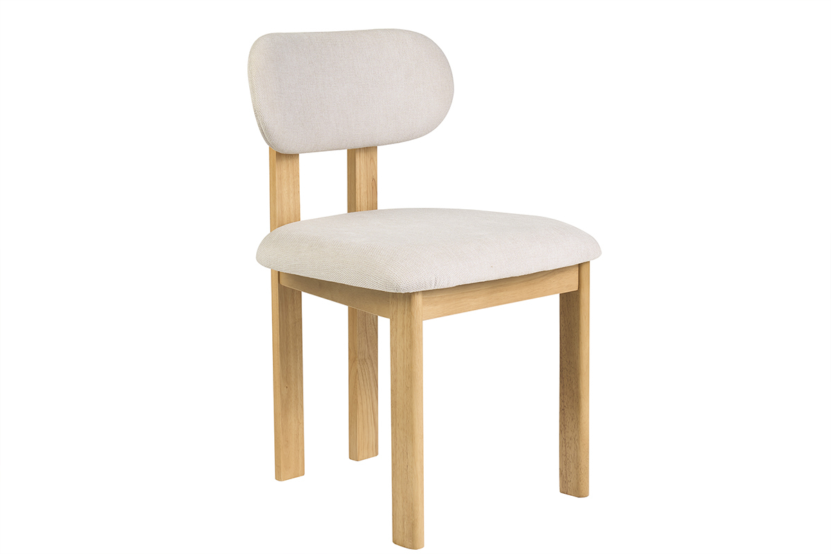 Chaise en tissu beige effet velours et bois clair fr�ne, vue de 3/4