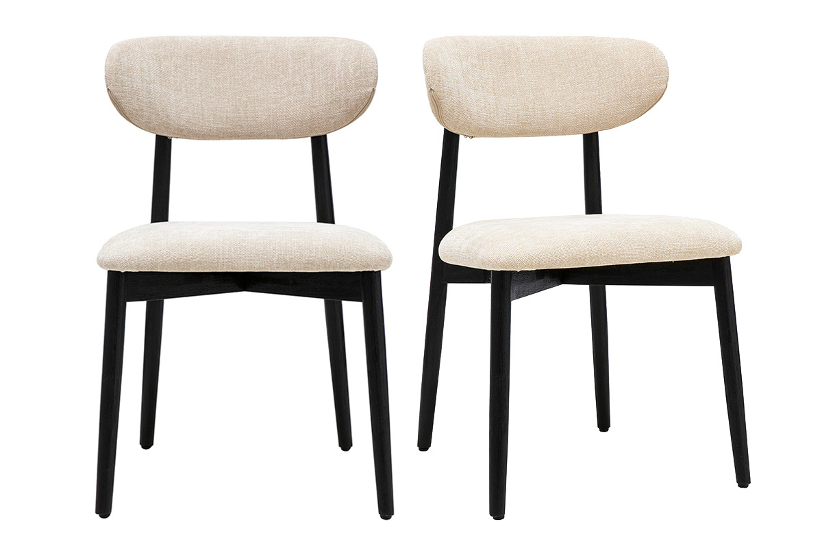 Chaises en tissu beige effet velours et bois noir, vue de face, lot de 2