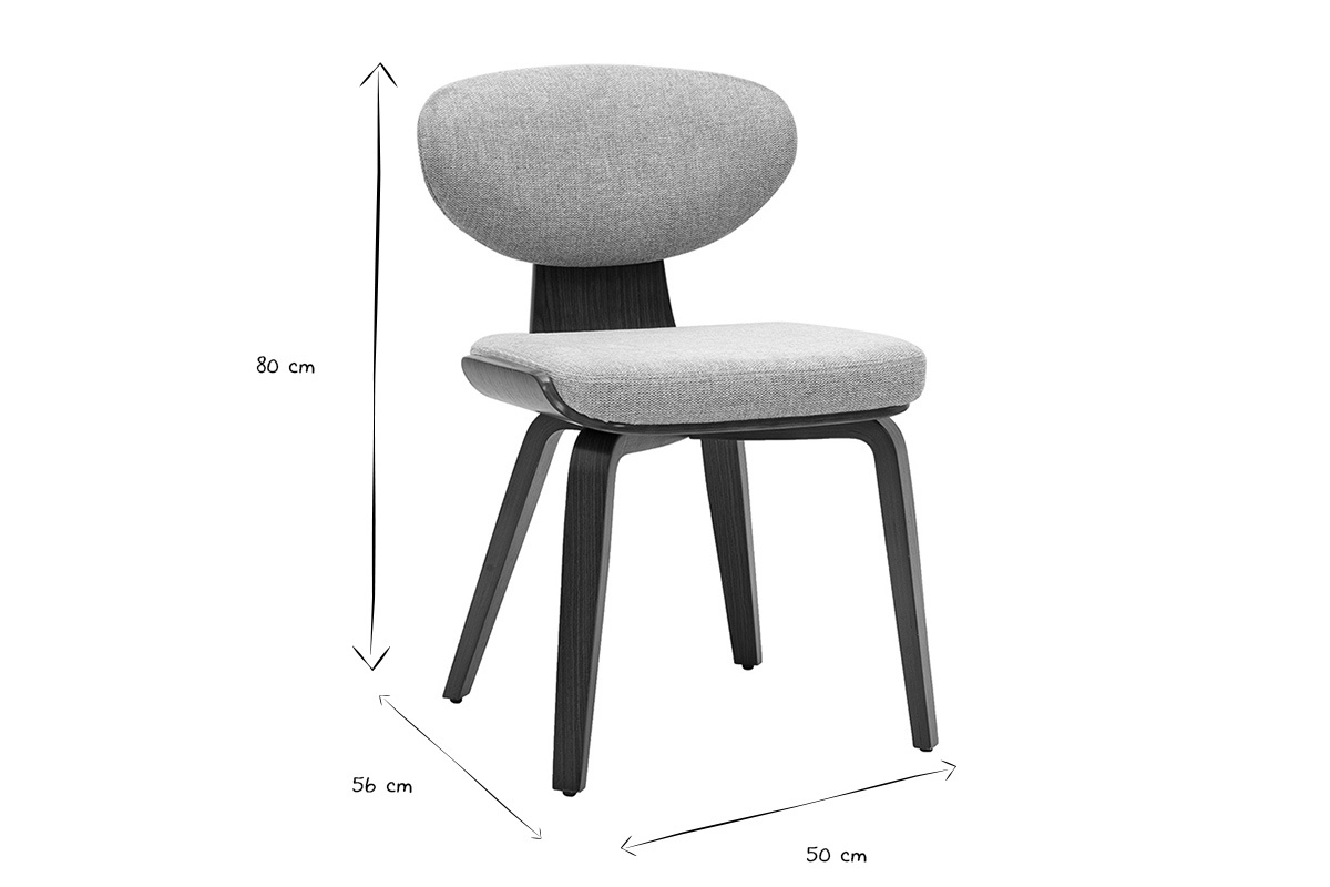 Dimensions des chaises YELLE : L50 x P56 x H80 cm, vue de profil en noir et blanc.