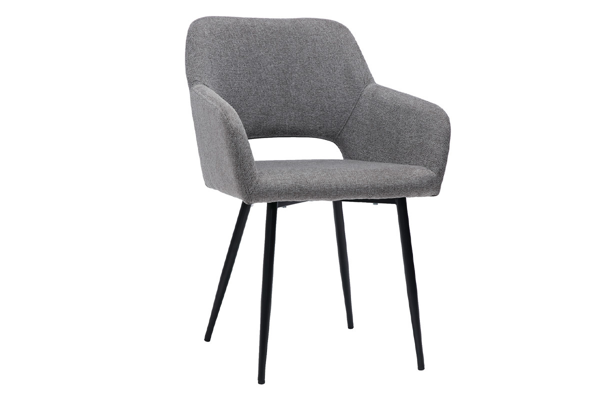 Chaise en tissu gris effet velours avec pieds en m�tal noir, vue de 3/4.