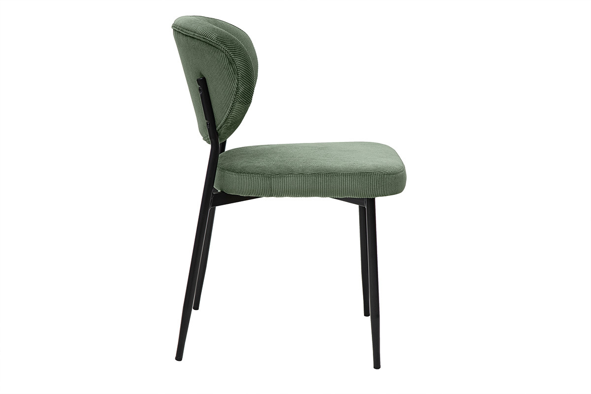 Chaises en tissu velours c�tel� vert kaki avec pieds en m�tal noir, lot de 2