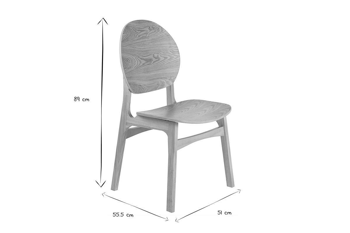 Dimensions des chaises scandinaves ELTON en bois clair : 89 cm de hauteur, 55.5 cm de large, 51 cm de profondeur.