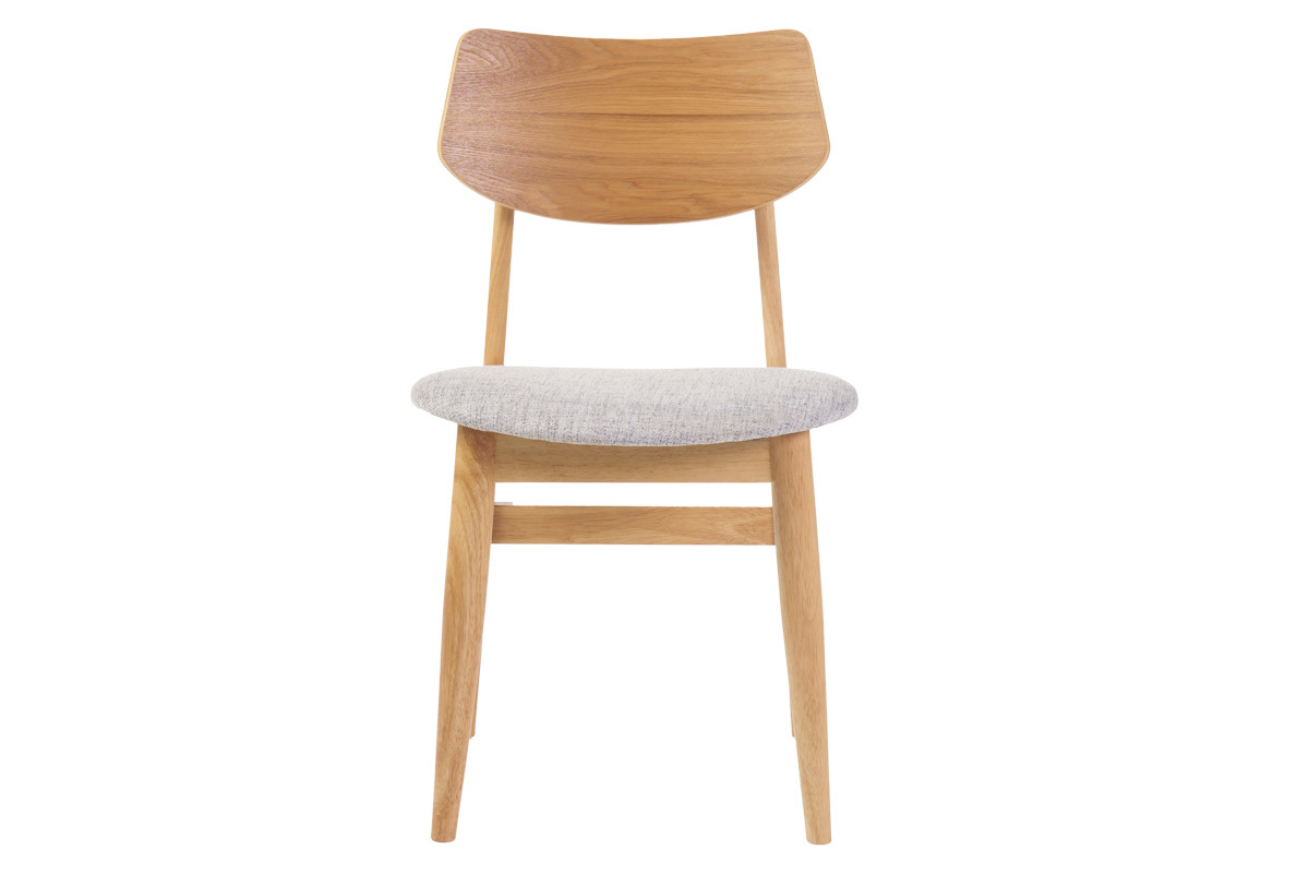 Chaise scandinave en bois clair et tissu gris clair, vue de face.