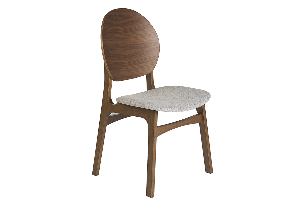 Chaise scandinave ELTON en bois fonc� avec assise en tissu gris clair, vue de 3/4