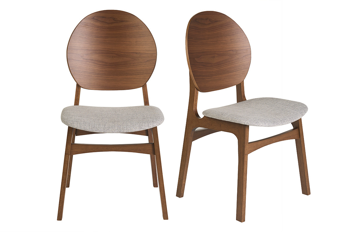 Lot de 2 chaises scandinaves en bois fonc� et tissu gris clair, vue de face
