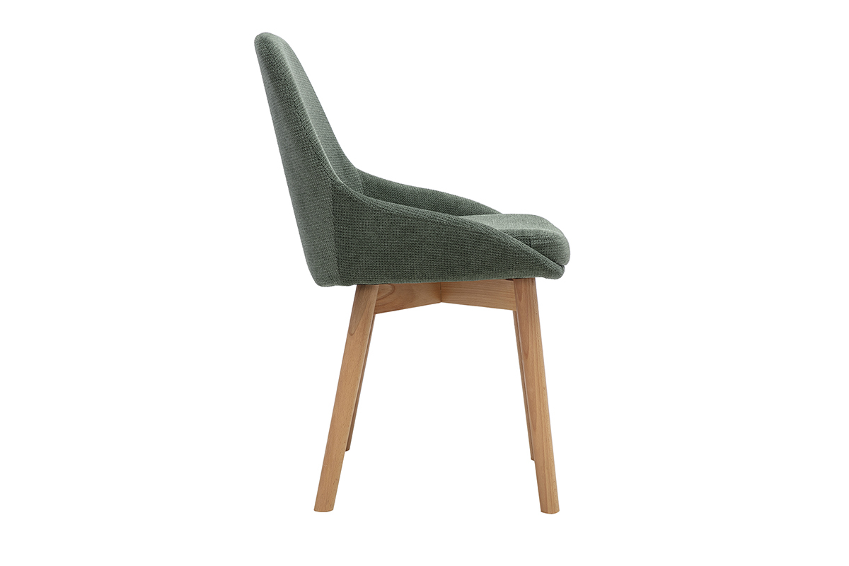 Chaise scandinave en tissu chenille vert kaki vue de profil avec pi�tement en bois clair.
