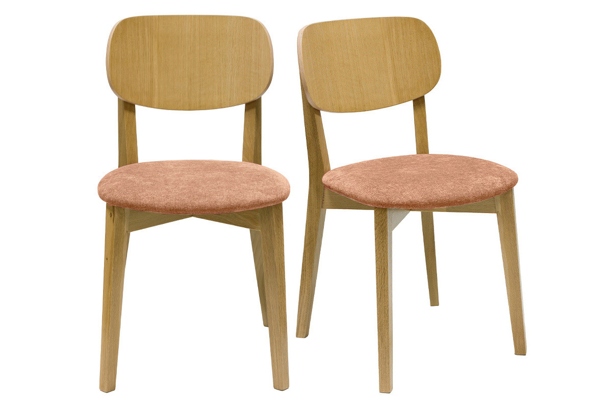 Chaises vintage en bois clair ch�ne et tissu effet velours terracotta (lot de 2) LUCIA