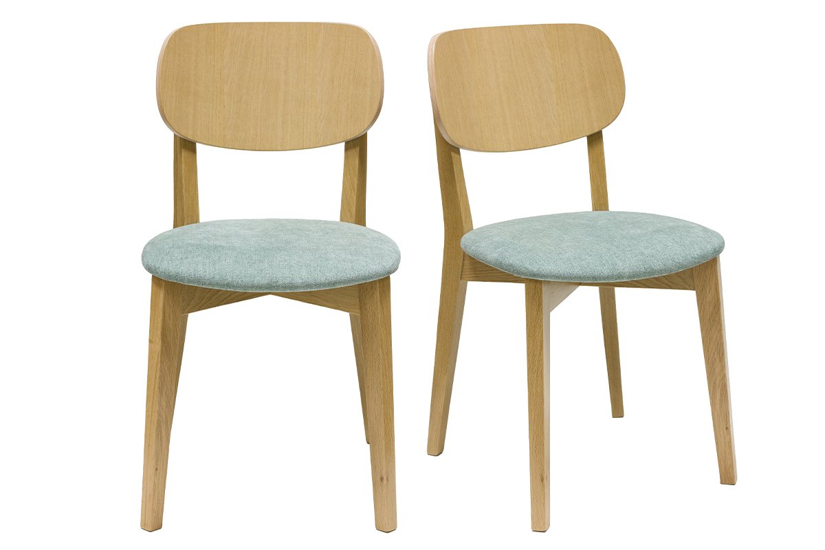 Chaises vintage en bois clair ch�ne et tissu effet velours vert c�ladon (lot de 2) LUCIA