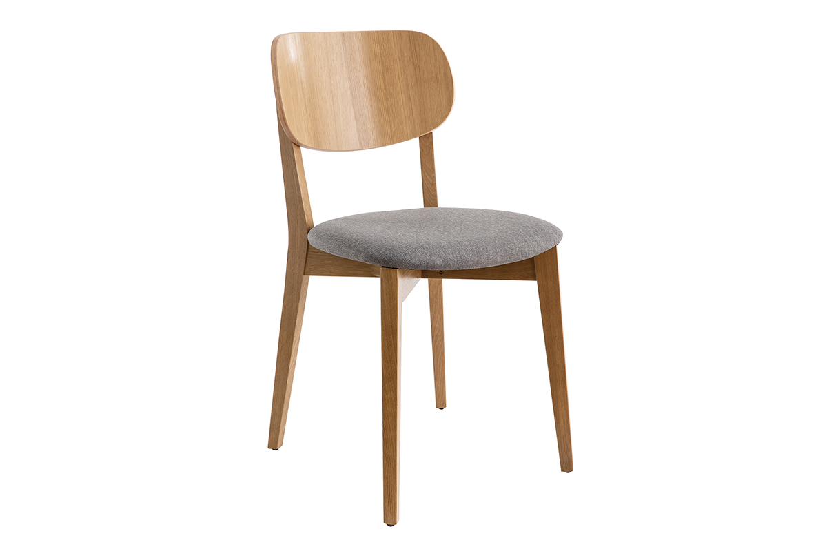 Chaise vintage en bois clair ch�ne et tissu gris clair, vue de trois quarts.