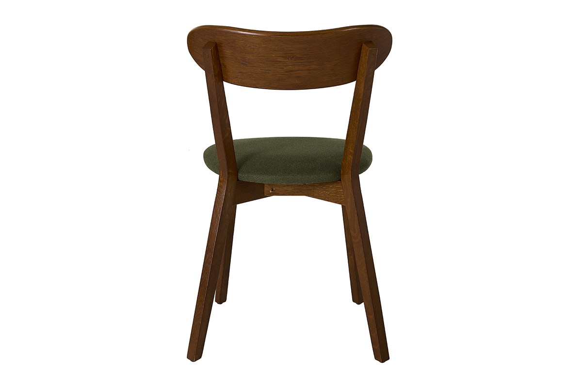 Chaise vintage en bois fonc� avec assise en tissu velours vert kaki, vue de dos.