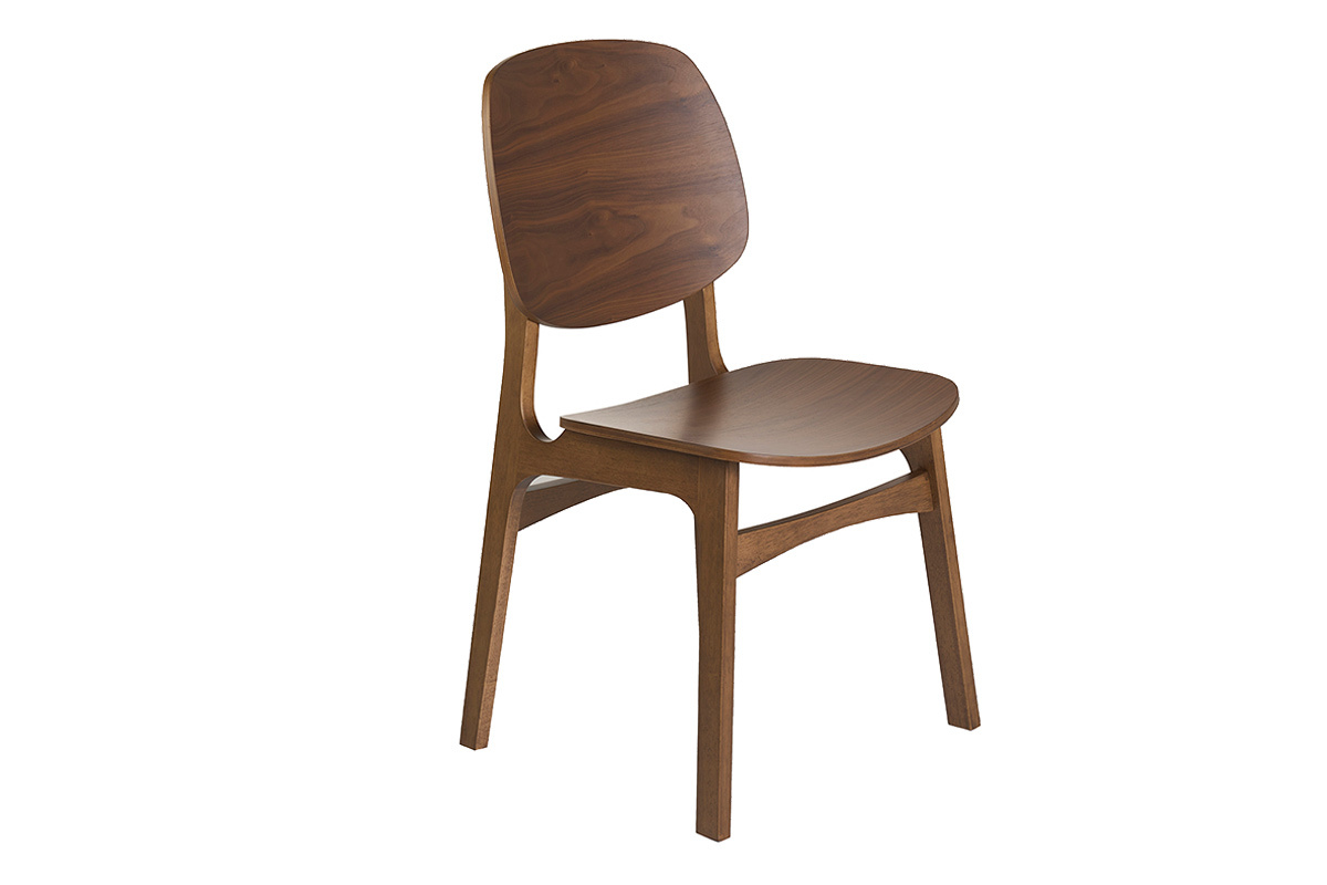Chaise vintage en bois fonc� noyer, vue de trois quarts, assise large et dossier galb�.