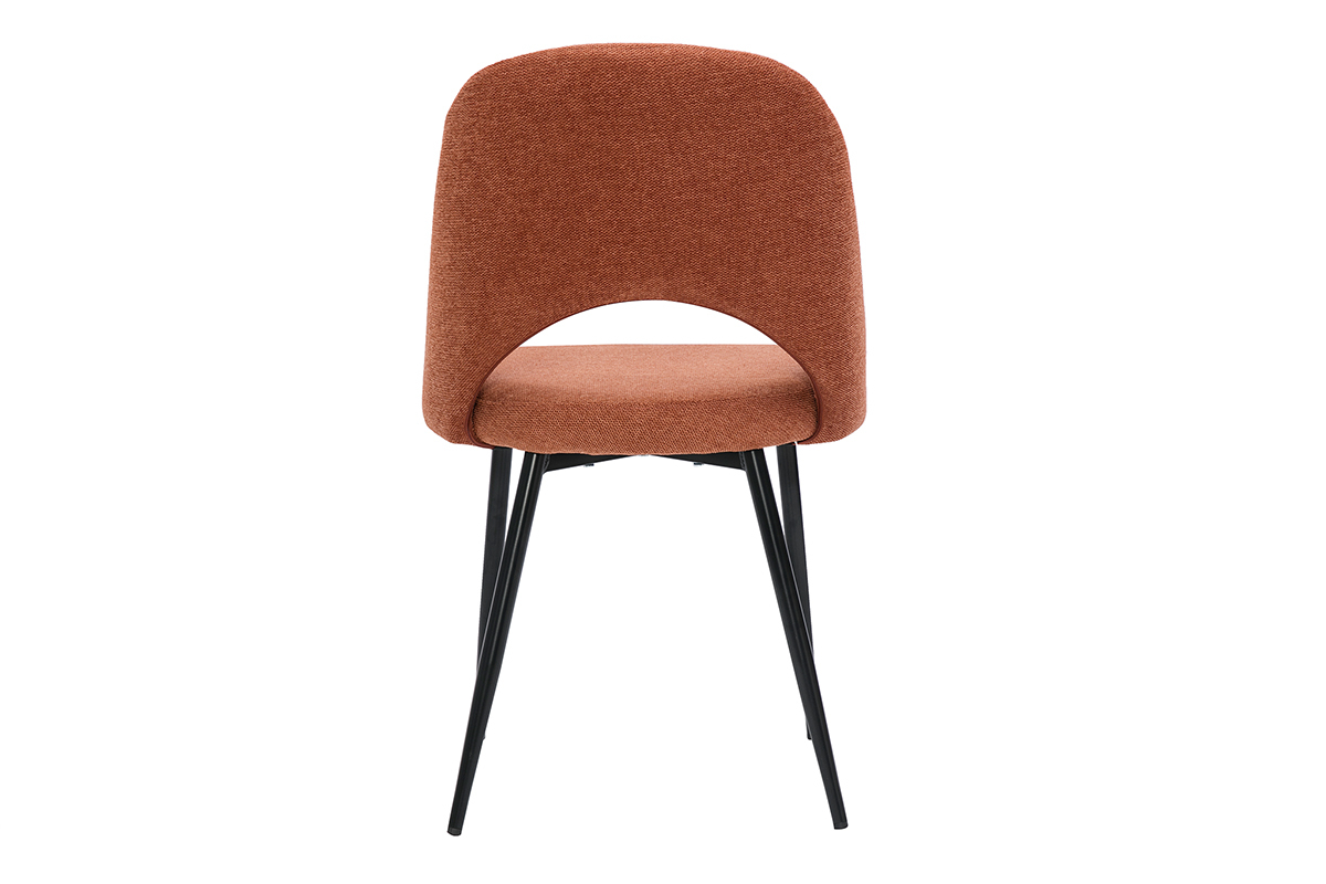 Chaise vintage tissu terre br�l�e avec dossier courb� et pieds m�tal noir vue arri�re.