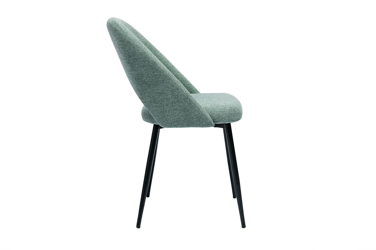 Chaise vue de profil en tissu velours vert c�ladon et pieds en m�tal noir.
