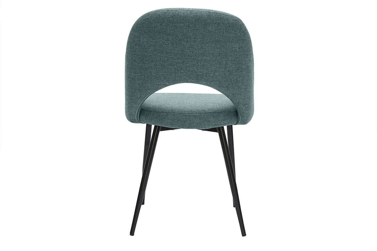 Chaise vintage en tissu vert de gris et m�tal noir vue de dos.