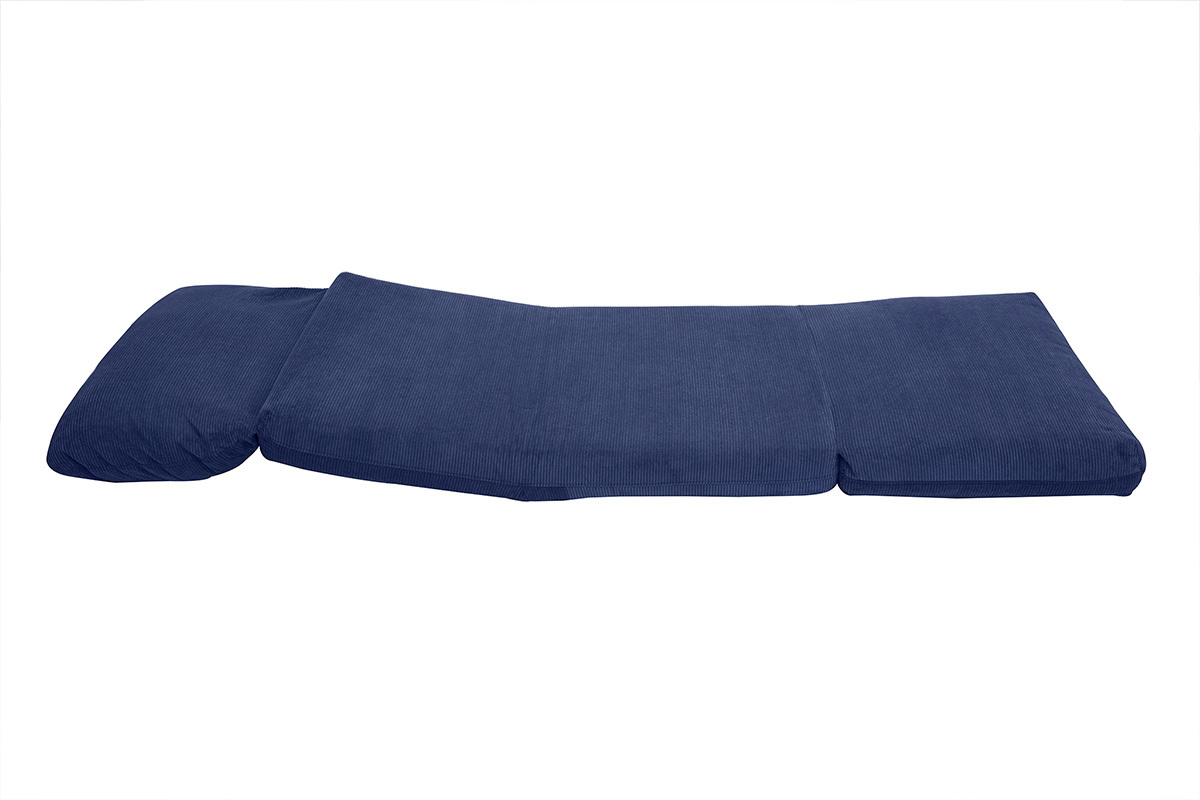 Chauffeuse convertible en tissu velours c�tel� bleu fonc�, vue d�pli�e � plat.