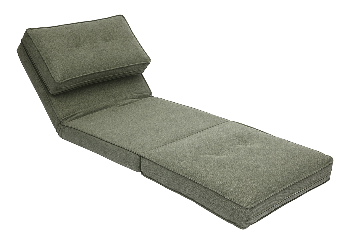 Chauffeuse convertible en tissu vert kaki, vue en perspective.
