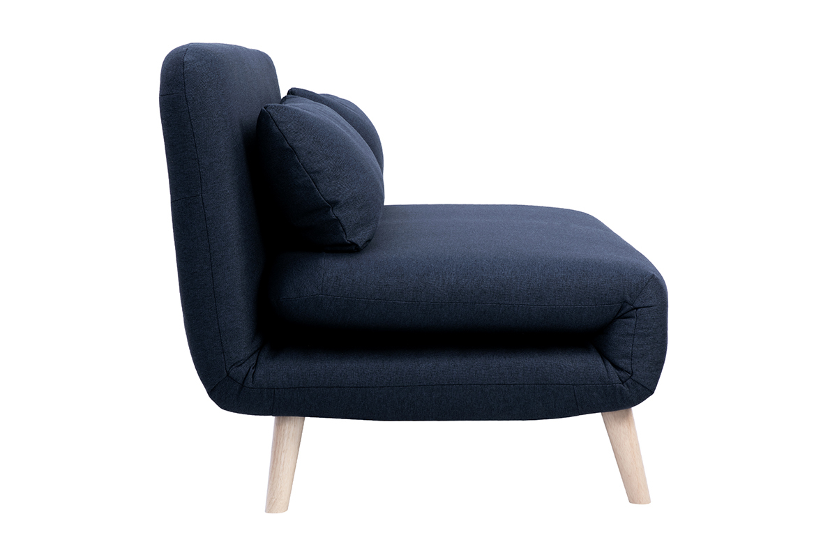 Chauffeuse 2 places AMIKO en tissu bleu fonc� vue de profil, pieds en bois clair.