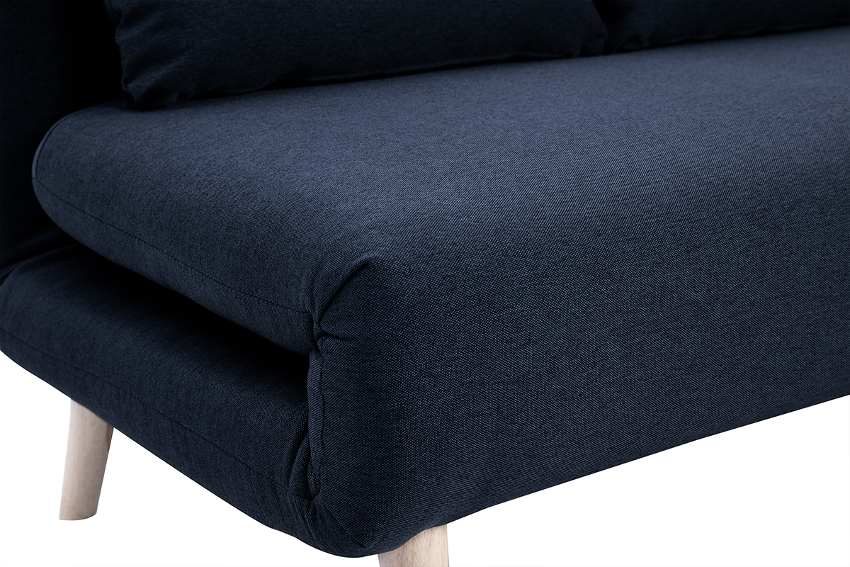Chauffeuse 2 places convertible AMIKO en tissu bleu fonc� avec pieds en bois clair, vue de c�t�.