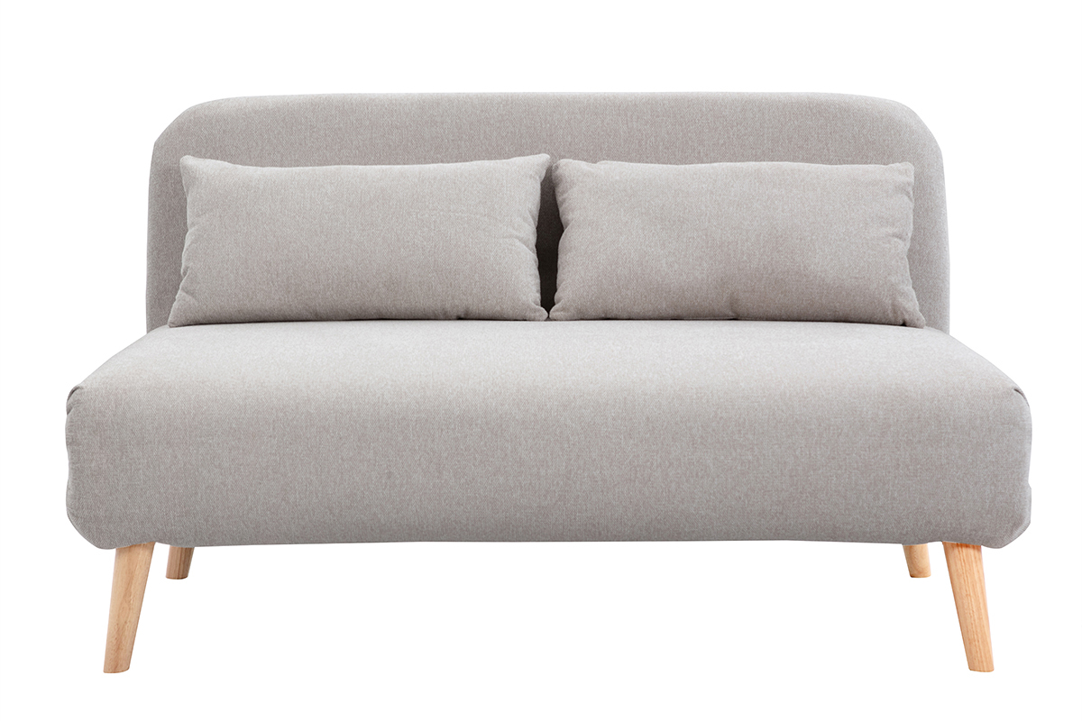 Chauffeuse 2 places convertible en tissu effet velours textur� beige et bois clair AMIKO