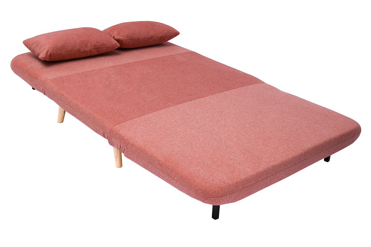 Chauffeuse 2 places convertible en tissu effet velours textur� terracotta et bois clair AMIKO