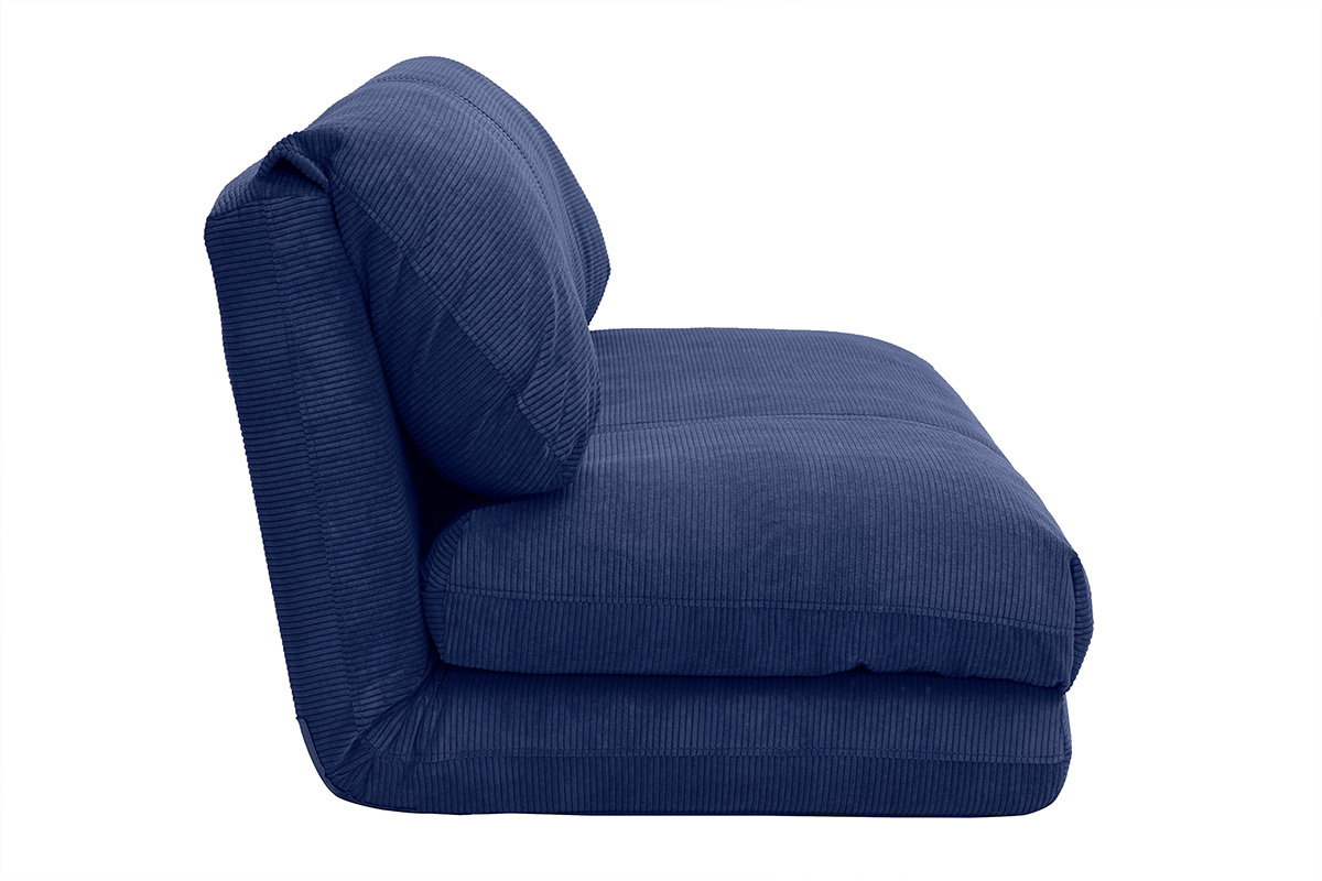 Chauffeuse convertible 2 places en velours c�tel� bleu, vue de c�t�.
