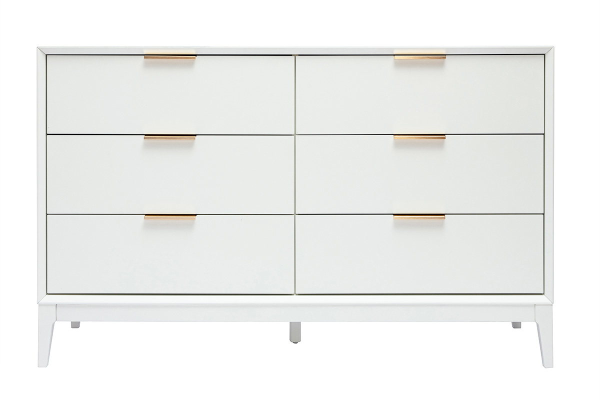 Commode blanche mat et m�tal dor� 6 tiroirs L120 cm GIANA