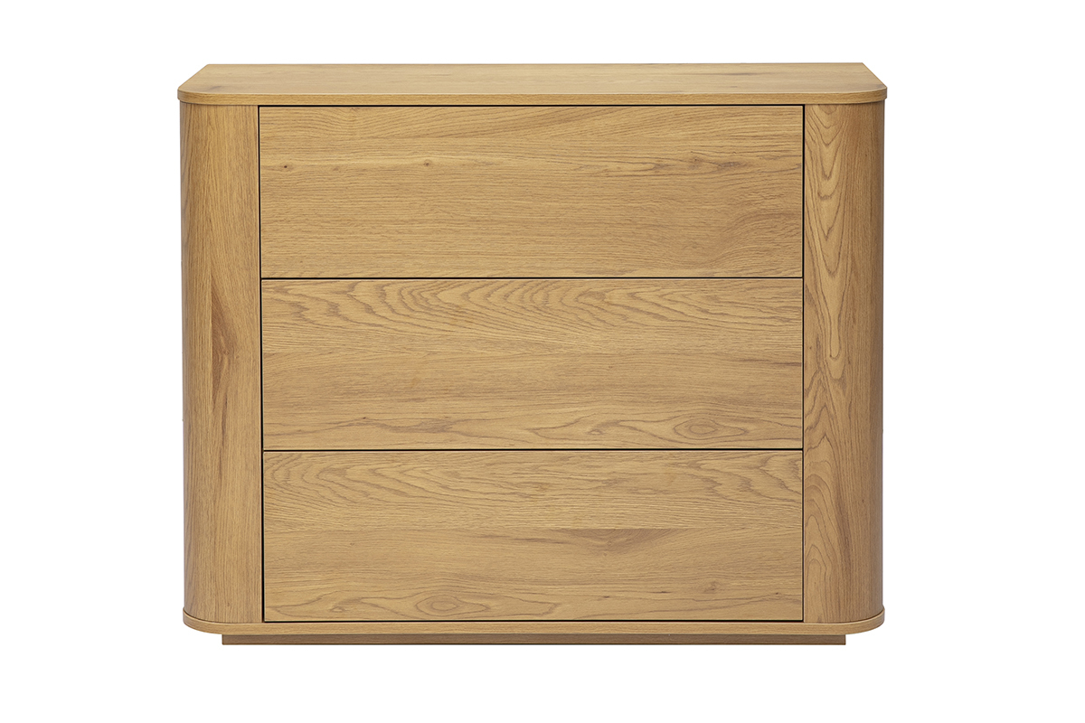 Commode en bois clair ch�ne avec 3 tiroirs, vue de face.