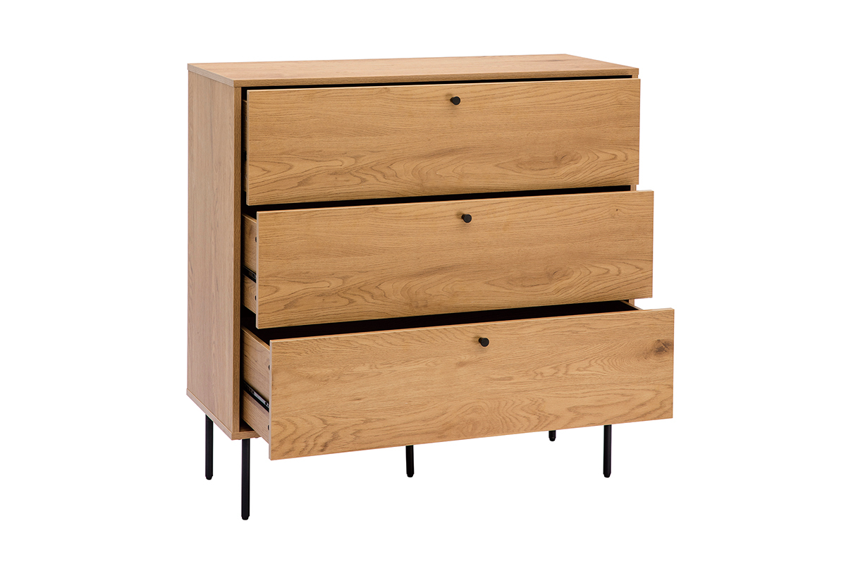 Commode finition bois clair ch�ne et pieds m�tal noir 3 tiroirs L100 cm PERNELLE