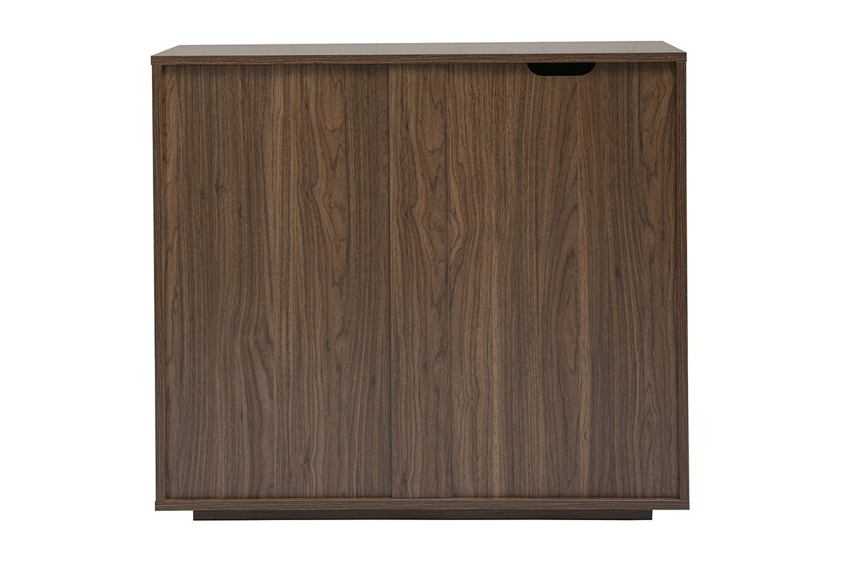 Commode en bois fonc� noyer, vue de dos, avec 3 tiroirs sans poign�es apparentes.