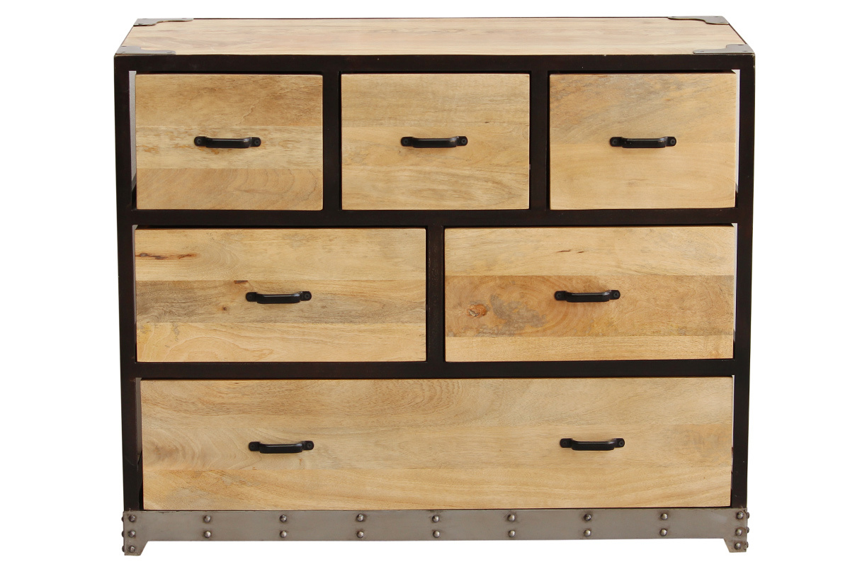 Commode industrielle en bois manguier massif et m�tal noir 6 tiroirs L99 cm INDUSTRIA