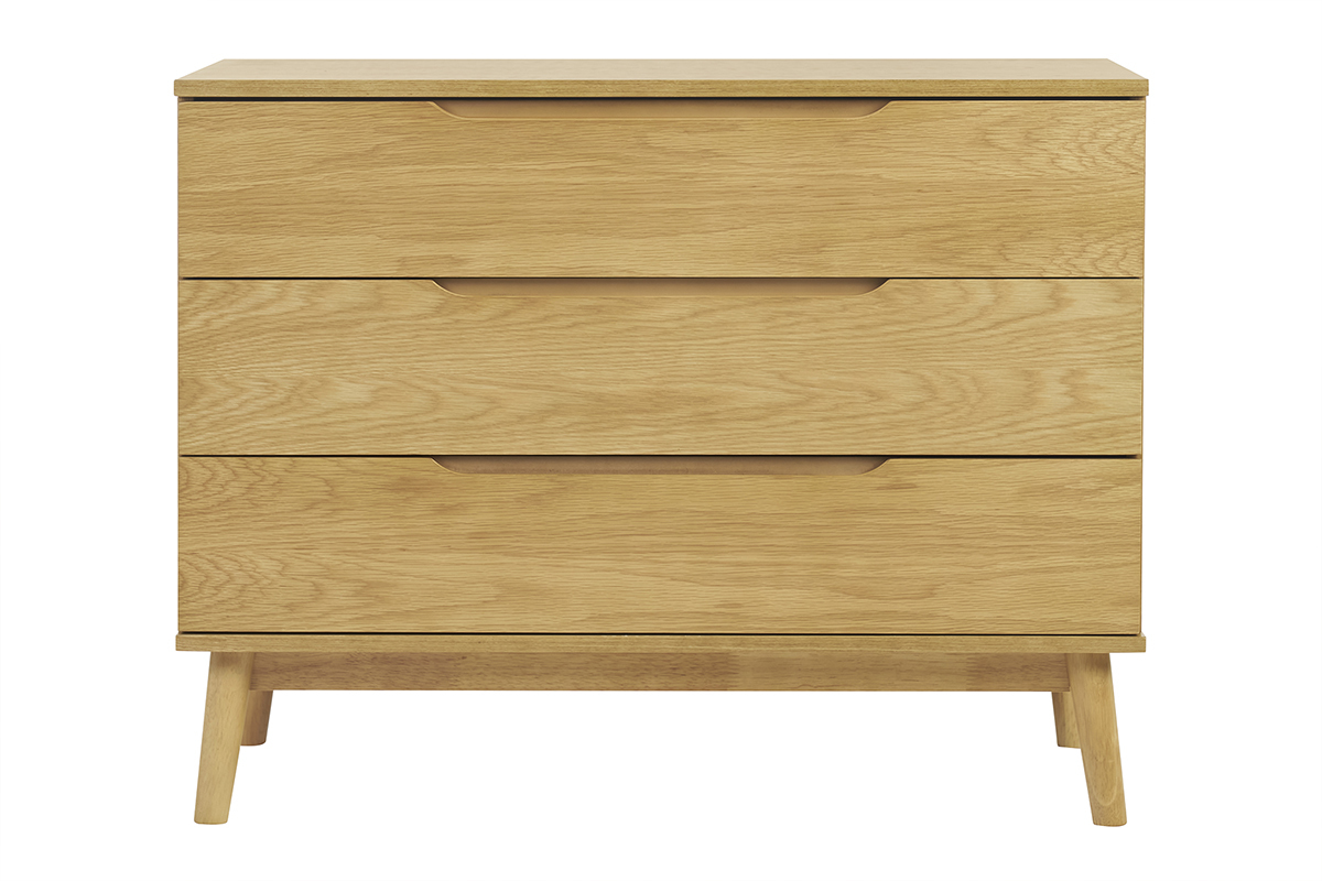 Commode scandinave bois clair ch�ne 3 tiroirs FELIX, vue de face avec poign�es creus�es.
